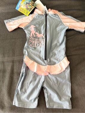 Coppertone Kids Pink & Gray UPF Swim Rashguard Romper labeled infant, fits 2T